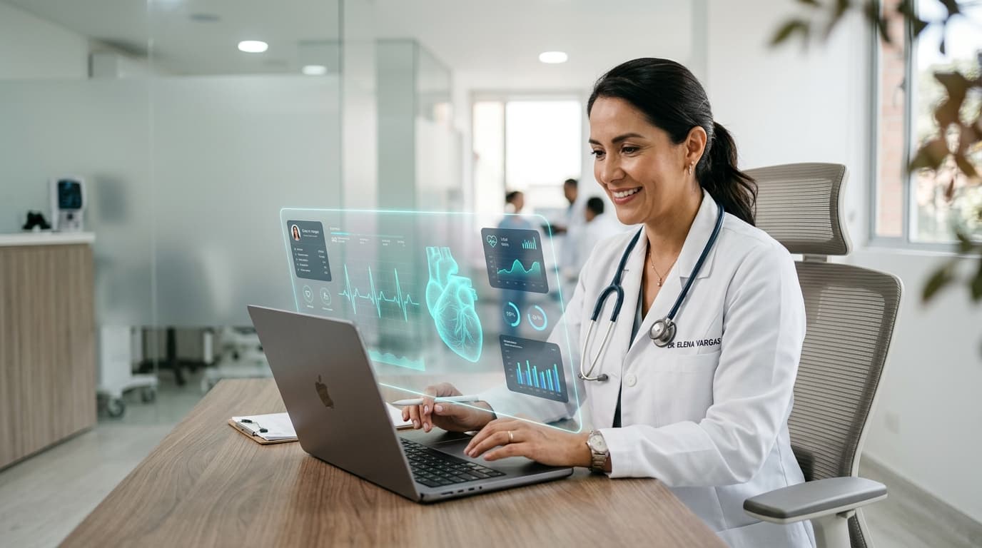 Médica usando la inteligencia artificial clínica de SUNUBE